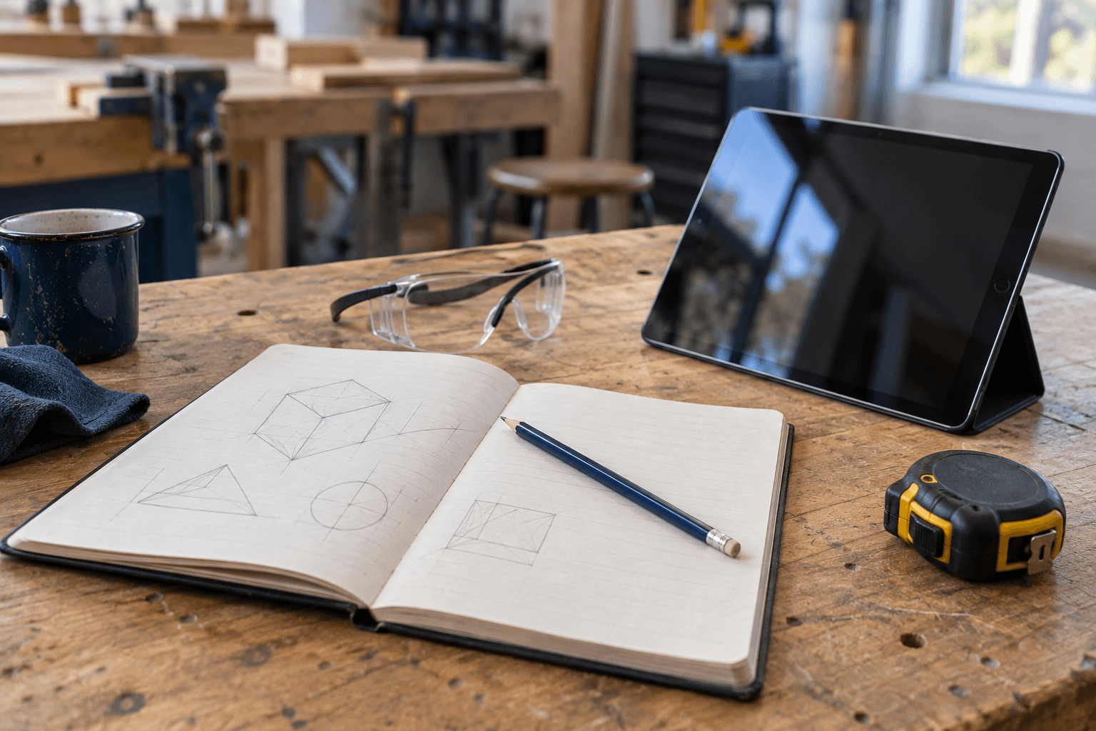 A sketchbook, pencil, tablet, safety glasses and tape measure on a timber workshop bench.