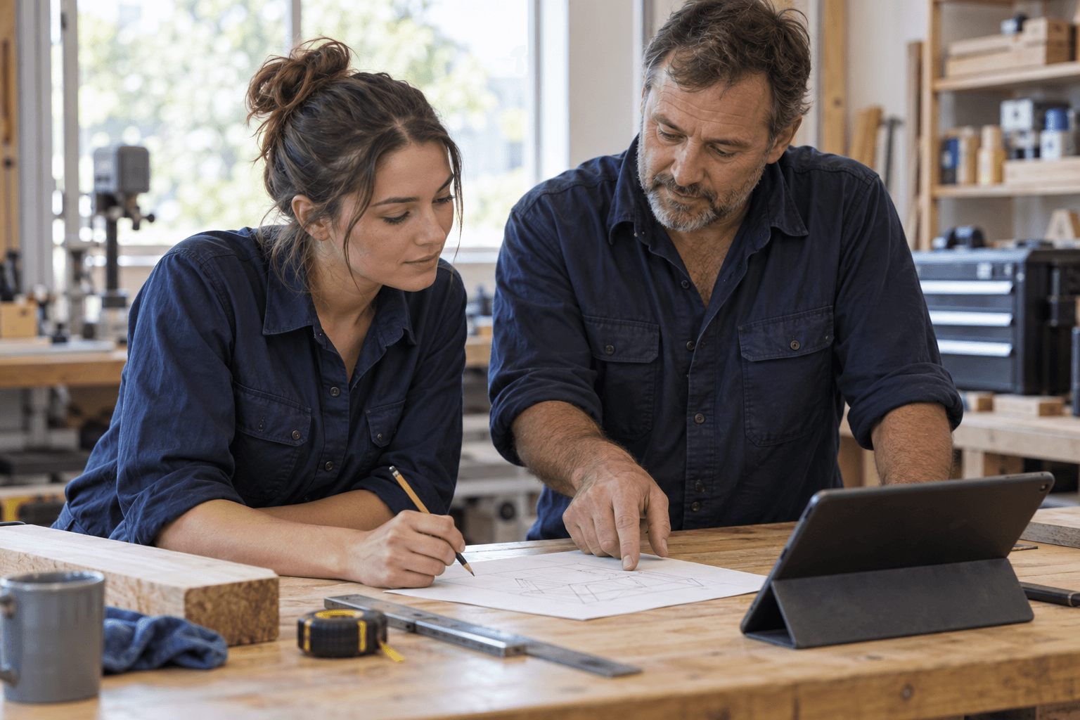 An adult apprentice and an experienced tradesperson learning together at a workshop bench.
